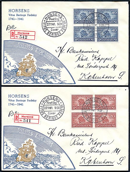 Komplet sæt Vitus Bering i fireblok på to illustrerede FDC kuverter fra Horsens d. 27.11.1941 til København. 