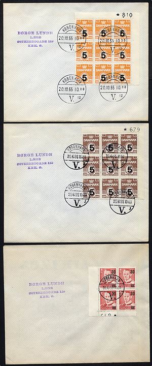 5/6 øre, 5/7 øre og 30/20 øre Provisorium i marginal 9- og 4-blokke på 3 uofficielle FDC kuverter sendt lokalt i København d. 20.10.1955.