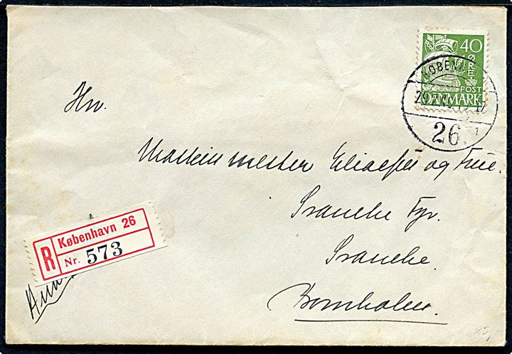 40 øre Karavel single på anbefalet brev fra København 26 d. 29.2.1940 (Skudår) til Svaneke Fyr pr. Svaneke, Bornholm. Ank.stemplet i Svaneke d. 4.3.1940.