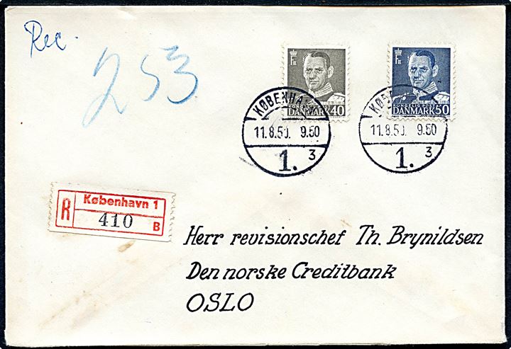 40 øre og 50 øre Fr. IX på anbefalet brev fra København d. 11.8.1950 til Oslo, Norge.