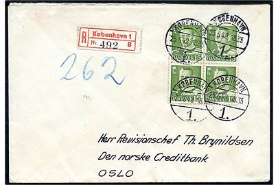 15 øre Fr. IX i fireblok på anbefalet brev fra København d. 25.6.1948 til Oslo, Norge.