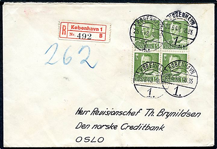 15 øre Fr. IX i fireblok på anbefalet brev fra København d. 25.6.1948 til Oslo, Norge.