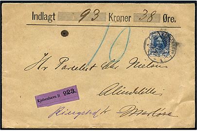 20 øre Fr. VIII single på underfrankeret værdibrev fra Kjøbenhavn d. 13.7.1907 til Allindelille pr. Merløse - omadresseret til pr. Ringsted og udtakseret i 10 øre porto.