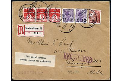 2 øre Bølgelinie (3), 12/15 øre Provisorium (par) og 35 øre Karavel på 65 øre frankeret anbefalet brev fra Kjøbenhavn 19 d. 24.6.1928 via New York til Chicago, USA. 