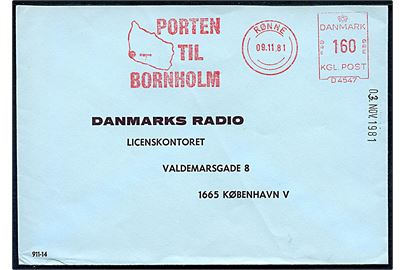 160 øre firmafranko Porten til Bornholm på brev fra Rønne d. 9.11.1981 til København.