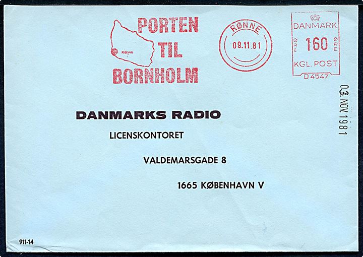 160 øre firmafranko Porten til Bornholm på brev fra Rønne d. 9.11.1981 til København.