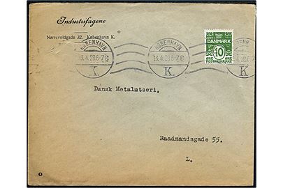 10 øre Bølgelinie med perfin Ind. på fortrykt kuvert fra Industrifagene sendt lokalt i København d. 13.4.1928.