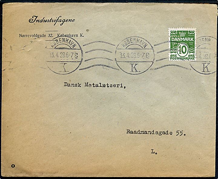 10 øre Bølgelinie med perfin Ind. på fortrykt kuvert fra Industrifagene sendt lokalt i København d. 13.4.1928.