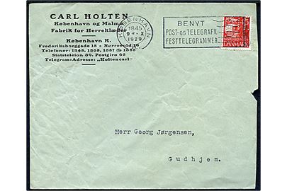 15 øre Karavel med perfin C.H. på firmakuvert fra Carl Holten i København d. 9.10.1929 til Gudhjem.