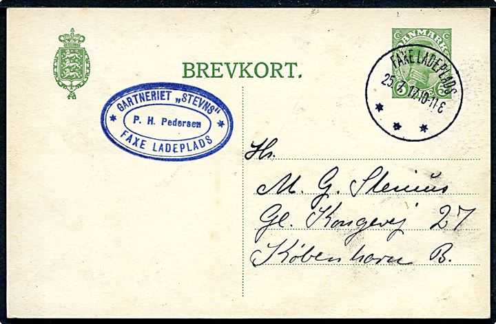 5 ør helsagsbrevkort annulleret med brotype IIIb Faxe Ladeplads d. 25.7.1917 til København.
