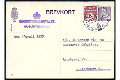 15 øre Fr. IX helsagsbrevkort (fabr. 177) opfrankeret med 5 øre Bølgelinie og annulleret med turiststempel ugustenborg d. 9.4.1953 til København. Afs.-stempel: (krone) / Sindssygehospitalet i Augustenborg.