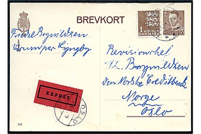 20 øre Fr. IX helsagsbrevkort (fabr. 182) opfrankeret med 1 kr. Rigsvåben og sendt som ekspres fra Virum d. 23.6.1954 til Oslo, Norge.