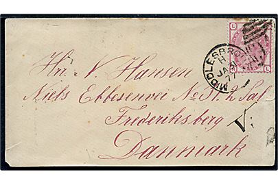 3d Victoria 18 tryk på brev annulleret med duplex Middlesbrough/946 d. 31.1.1877 til Frederiksberg, Danmark. Fejlsendt til Frederiksborg med lapidar stempler på bagsiden.