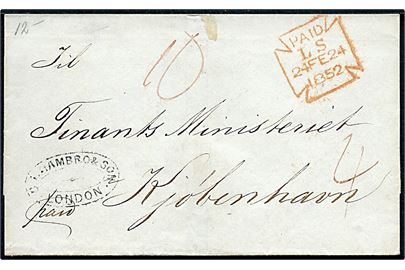 1852. Francobrev fra firma Hambro & Son i London mærked Paid med Lombard Street malteser stempel Paid L.S. d. 24.2.1854 via K.D.O.P.A. Hamburg d. 27.2.1852 til Finansministeriet, København, Danmark. 
