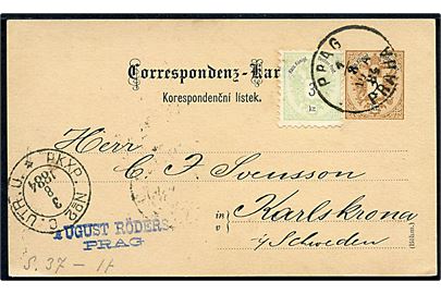 2 kr. helsagsbrevkort opfrankeret med 3 kr. Ciffer fra Prag d. 1.8.1884 til Karlskrona, Sverige.