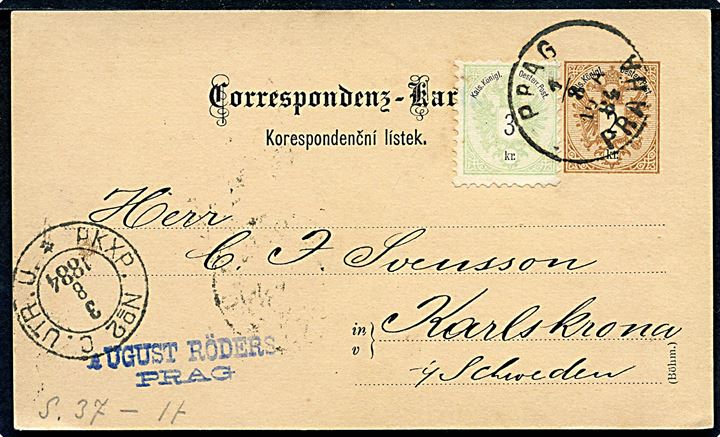 2 kr. helsagsbrevkort opfrankeret med 3 kr. Ciffer fra Prag d. 1.8.1884 til Karlskrona, Sverige.