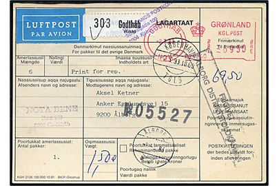 69,50 kr. frankostempel på adressekort for luftpostpakke fra Godthåb d. 2.3.1983 via København til Ålborg. Ank.stemplet med lille postsparestempel Ålborg 3 d. 8.3.1983.