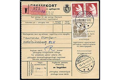 80 øre Pigen og Ørnen og 2 kr. Isbjørn (2) på 4,80 kr. frankeret adressekort for anbefalet pakke fra Julianehåb d. 9.6.1970 til Holsteinsborg.