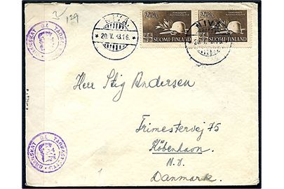 2 mk. + 50 pen. Nationalhjælp udg. i parstykke på brev fra Niva d. 20.5.1943 til København, Danmark. Åbnet af både dansk og finsk censur.