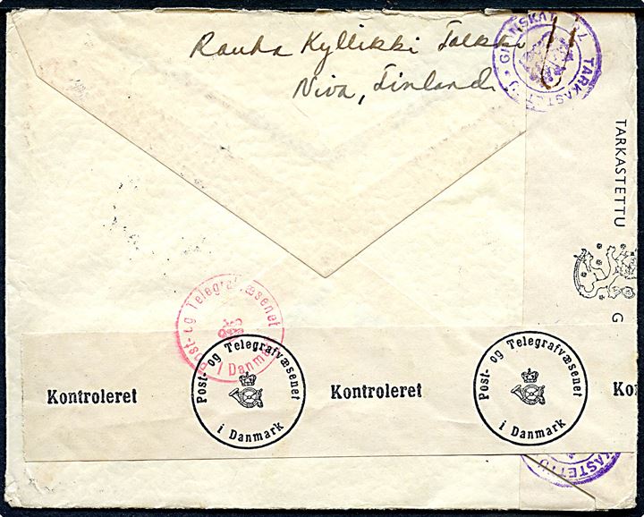 2 mk. + 50 pen. Nationalhjælp udg. i parstykke på brev fra Niva d. 20.5.1943 til København, Danmark. Åbnet af både dansk og finsk censur.