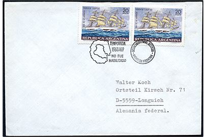20 p. sejlskib i parstykke på brev annulleret med særstempel på den argentinske polarstation på Deception Island til Longuich, Tyskland.