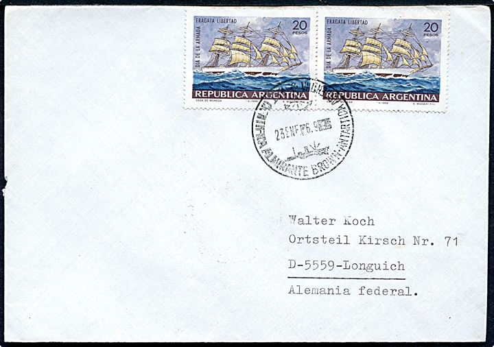 20 p. Sejlskib i parstykke på brev stemplet på den argentinske polarstation Estación Científica Almirante Brown d. 23.1.1969 via Buenos Aires d. 27.2.1969 til Longuich, Tyskland.