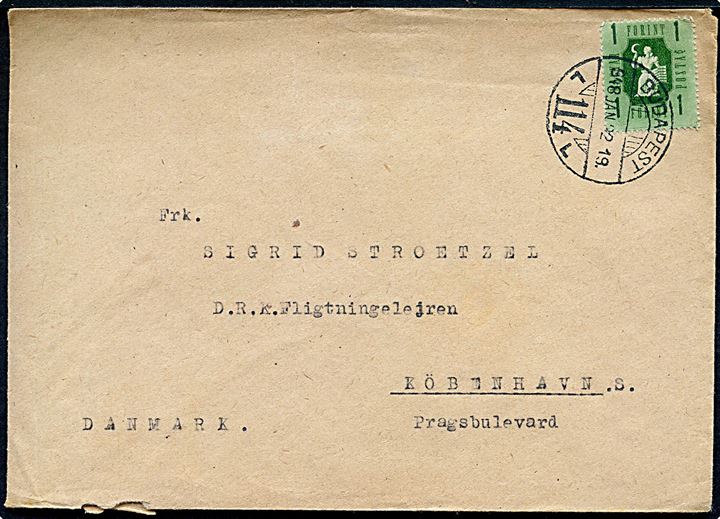 1 f. single på brev fra Budapest d. 22.1.1948 til kvinde i D.R.K. (Dansk Røde Kors) Flygtningelejren Prags Boulevard, København S., Danmark. 