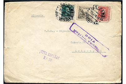 5 cst., 15 stc. og 30 cts. (defekt) på brev fra Vigo - Gambio d. 30.6.1938 til Leipzig, Tyskland. Lokal spansk censur fra Vigo. På bagsiden velgørenhedsmærke delvist dækket af bagklap.