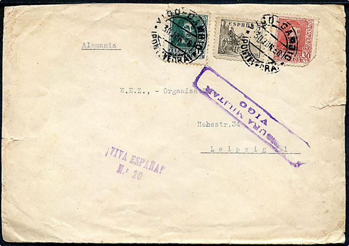 5 cst., 15 stc. og 30 cts. (defekt) på brev fra Vigo - Gambio d. 30.6.1938 til Leipzig, Tyskland. Lokal spansk censur fra Vigo. På bagsiden velgørenhedsmærke delvist dækket af bagklap.