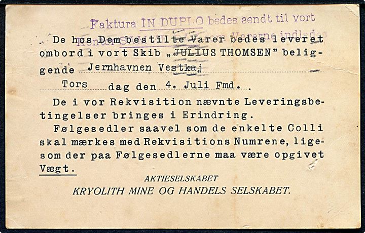 4/25 øre Provisorium adviskort fra Kryolith Mine og Handels Selskab sendt som lokal tryksag i København d. 22.6.1935 vedr.godst til Grønland med S/S Julius Thomsen. Ikke tidligere set.
