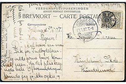 3 øre Bølgelinie på lokalt brevkort (Aarhus, Vinterdag i Mosgaard Skov med glimmer. H. A. Ebbesen no. 577) annulleret med stjernestempel GYLLING og sidestemplet bureau Horsens - Odder T.8 d. 20.5.1907 til Hundslund.