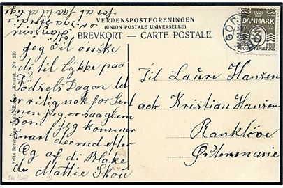3 øre Bølgelinie på lokalt brevkort (Hammershus Fyr) annulleret med stjernestempel GODTHAAB til Østermarie. 