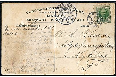 5 øre Fr. VIII på brevkort (parti fra Femø) annulleret med stjernestempel FEMØ og sidestemplet Maribo d. 6.7.1907 til Nykøbing. Nusset,