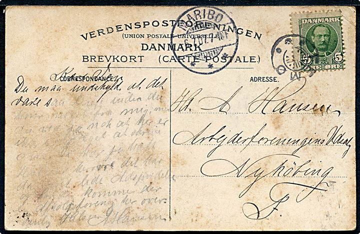5 øre Fr. VIII på brevkort (parti fra Femø) annulleret med stjernestempel FEMØ og sidestemplet Maribo d. 6.7.1907 til Nykøbing. Nusset,
