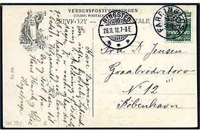 5 øre Bølgelinie på brevkort annulleret med stjernestempel FARRINGLØSE og sidestemplet Ringsted d. 28.11.1912 til København.
