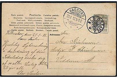 3 øre Bølgelinie på lokalt brevkort dateret Helberskov annulleret med stjernestempel ALS ØSTJYLL. og sidestemplet Hadsund d. 24.1.1912 til Veddum. 