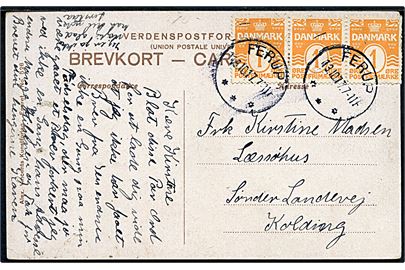1 øre Bølgelinie i 3-stribe på brevkort annulleret med brotype IIIb Ferup d. 13.10.1917 til Kolding.