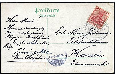 10 pfg. Germania på brevkort annulleret med ovalt skibsstempel Deutsche Seepost linie Hamburg - Westafrika XXXVIII (= S/S Eduard Woermann) d. 14.6.1906 til Korsør, Danmark. 