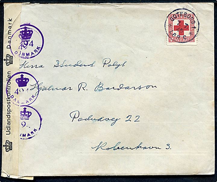 20 öre Røde Kors på brev fra Göteborg d. 7.7.1945 til København, Danmark. Åbnet af dansk efterkrigscensur (krone)/494/Danmark. Censurstempler placeret både over og under banderole.