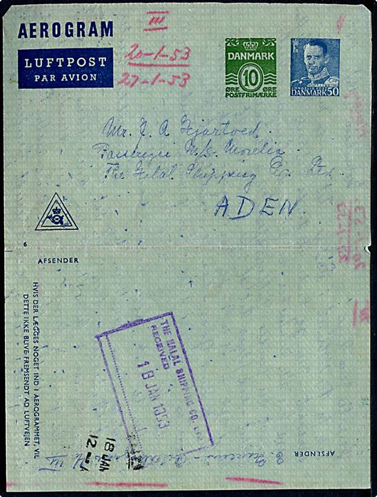 50+10 øre provisorisk helsags aerogram (fabr. 6) fra København d. 12.1.1953 (uden poststempel) til passager ombord på M/S Morelia i Aden. Ank.stemplet ved The Halal Shipping Co. Ltd d. 18.1.1953.