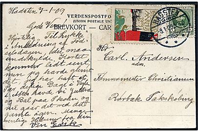 5 øre Fr. VIII og Landsudstilling Aarhus 1909 mærkat på brevkort fra Hadsten d. 8.1.1909 til Sakskøbing.