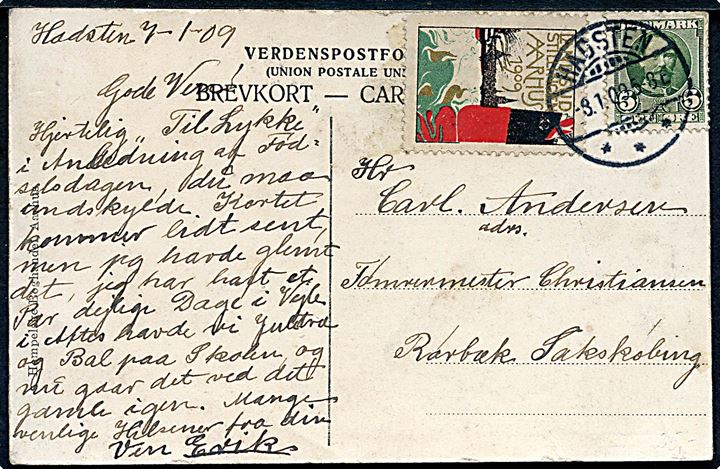 5 øre Fr. VIII og Landsudstilling Aarhus 1909 mærkat på brevkort fra Hadsten d. 8.1.1909 til Sakskøbing.