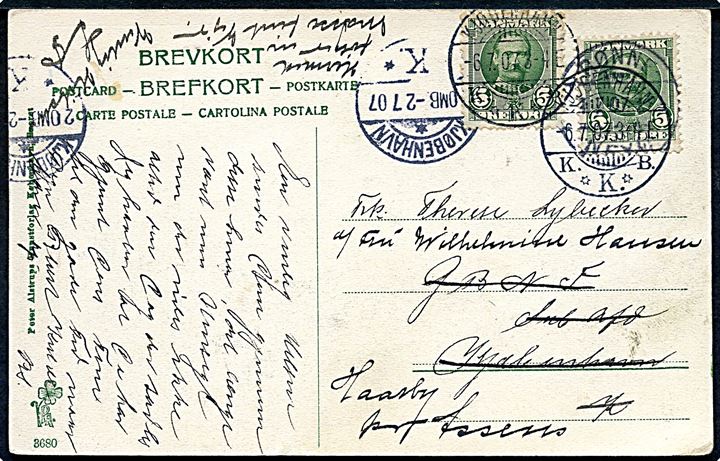 5 øre Fr. VIII på brevkort fra Rønne d. 30.6.1907 til København. Opfrankeret med yderligere 5 øre Fr. VIII og sendt fra Kjøbenhavn d. 6.7.1907 til Haarby pr. Assens.