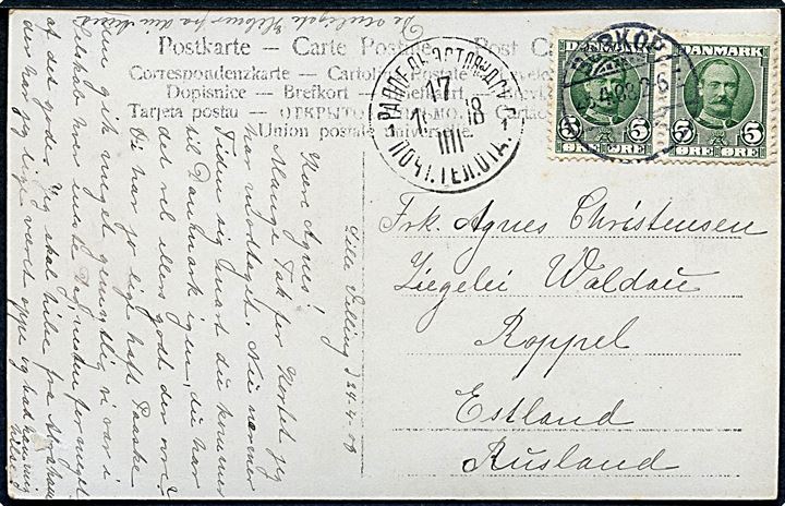 5 øre Fr. VIII i parstykke på brevkort fra Børkop d. 25.4.1908 til Rappel, Estland, Rusland. Ank.stemplet d. 17.4.1908.