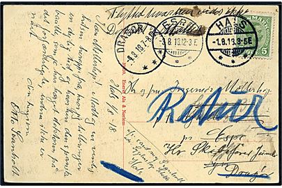 5 øre Chr. X på brevkort (Hals Sygehus) fra hals d. 1.8.1918 til Espe og herefter til Dragør, for endelig at blive returneret til Hals.