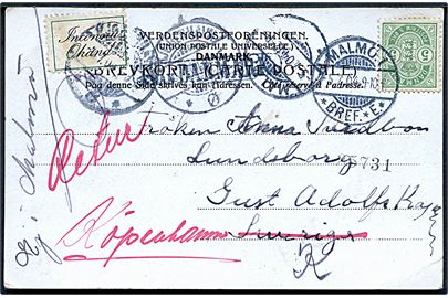 5 øre Våben på brevkort fra København annulleret med svensk stempel i Malmö d. 5.7.1904 til Sverige. Retur med 2-sproget returetiket Okänd.