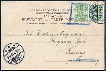 5 øre Våben i parstykke på overfrankeret brevkort fra Herlufmagle d. 7.5.1904 til Taasinge. Et mærke indrammet med blåkridt og stillet til modtagerens disposition. 