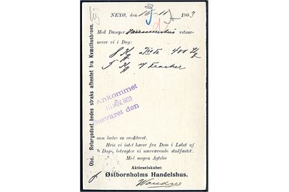 5 øre Våben på brevkort fra Østbornholms Handelshus i Nexø d. 16.11.1903 annulleret Kjøbenhavn d. 18.11.1903 til Tuborg i Hellerup. Vedr. retourgods afsendt med dampskibet S/S Hammershus.