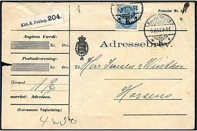20 øre Våben single på adressebrev for pakke fra Kjøbenhavn d. 5.11.1902 til Horsens.