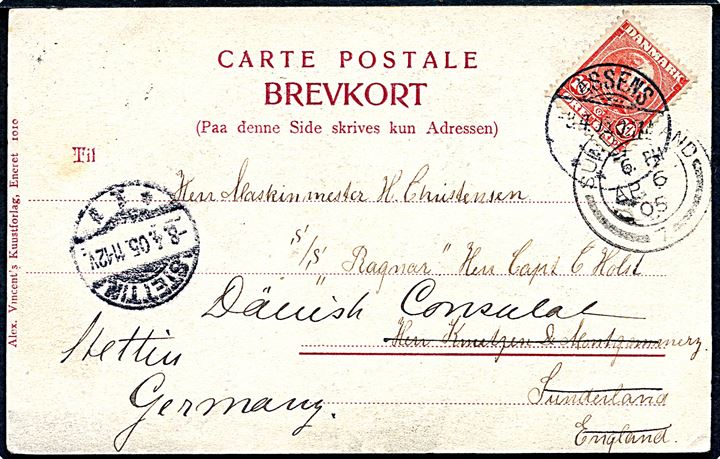 10 øre Chr. IX på brevkort fra Assens d. 3.4.1905 til maskinmester ombord på dampskibet S/S Ragnar i Sunderland, England - eftersendt til Stettin, Tyskland.
